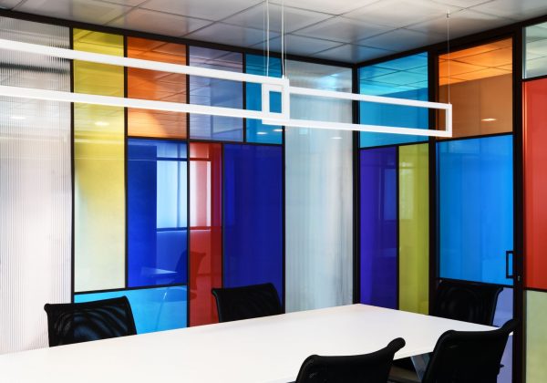 Colored glass partition walls for offices